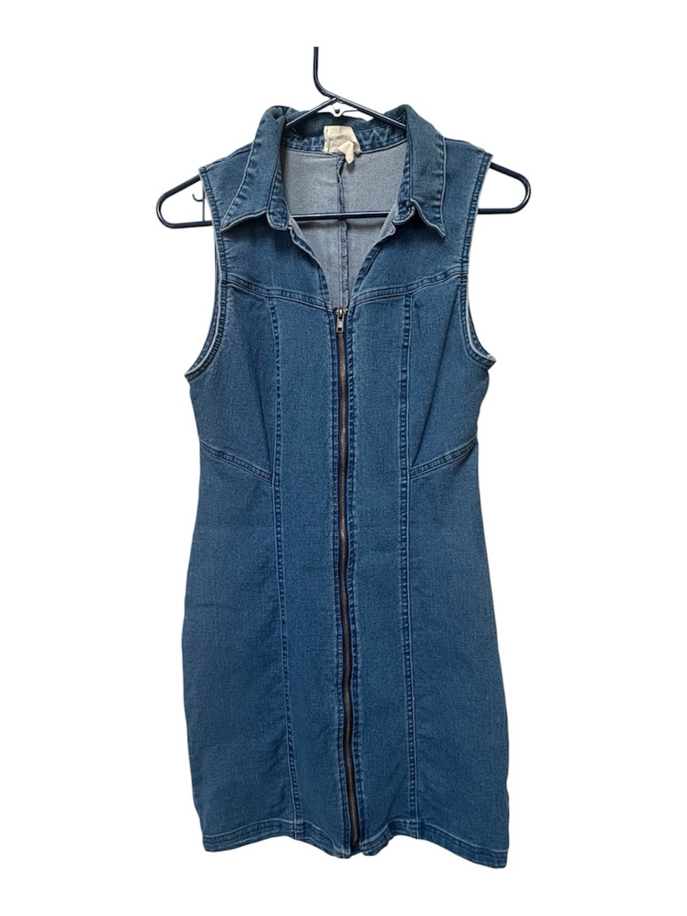 Y2K Fitted Denim Zip Front Mini Dress L 90s Grunge
